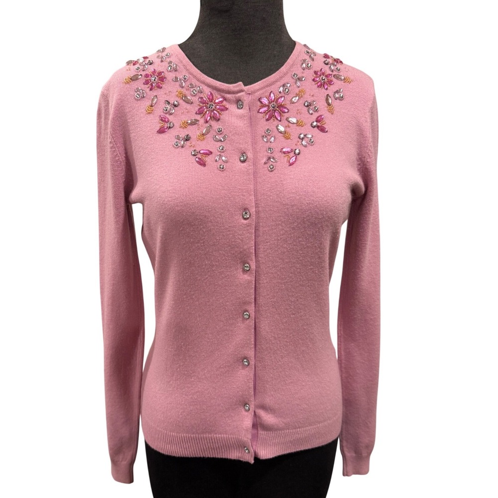 George Pink Beaded Floral Cardigan Sweater Angora Blend Small 4/6 Long Sleeve